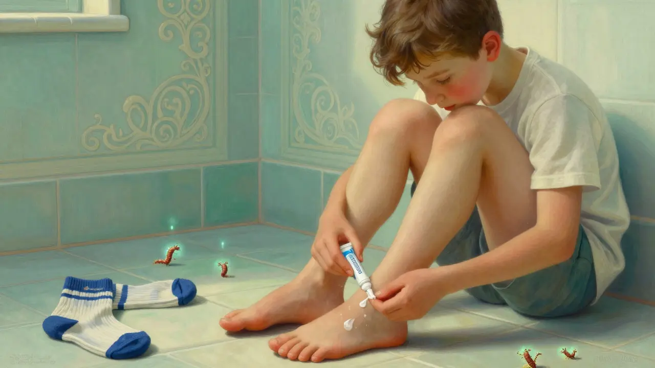 A teenager applying antifungal cream between their toes, with delicate architectural details and retreating fungal forms.