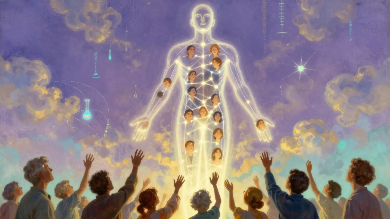 A translucent human figure made of light pathways representing trial phases, with diverse people reaching upward in hope.