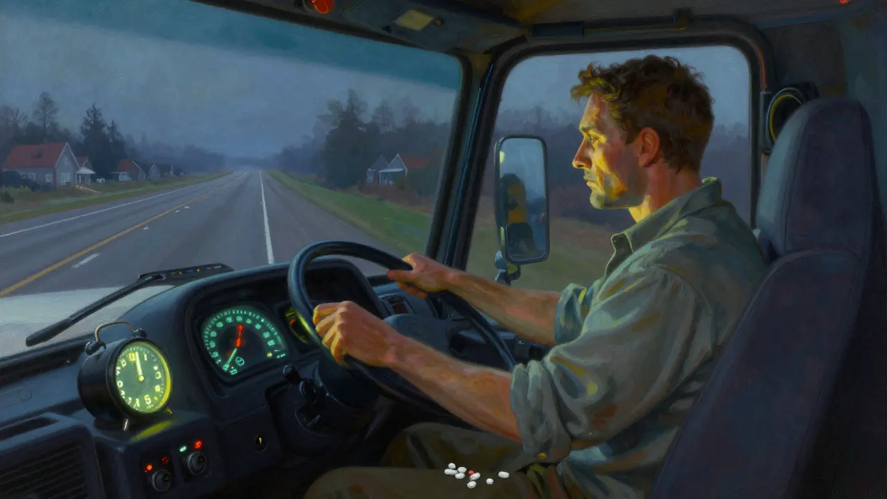 A truck driver at 3 a.m. with modafinil pills nearby, driving on a deserted highway under dim dashboard lights.