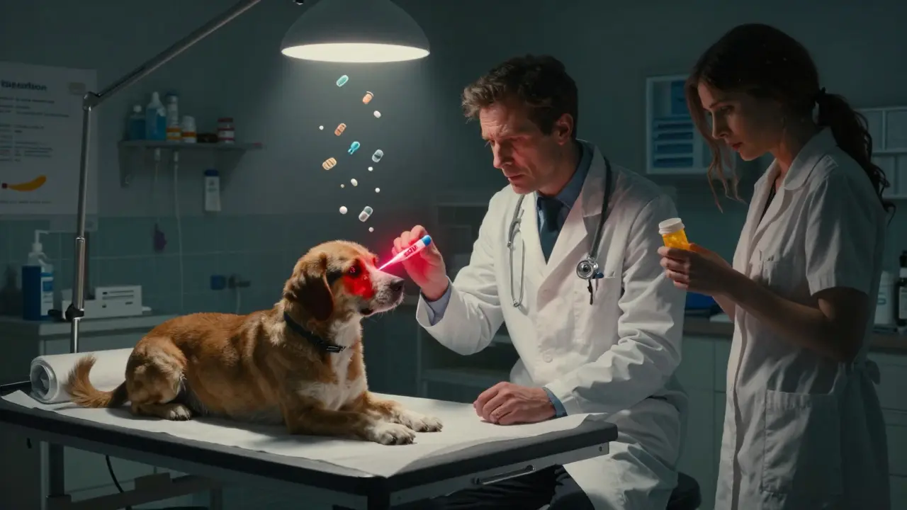 A vet examines a dog with a glowing thermometer in a clinic, owner holding a pill bottle as golden light highlights the urgency.