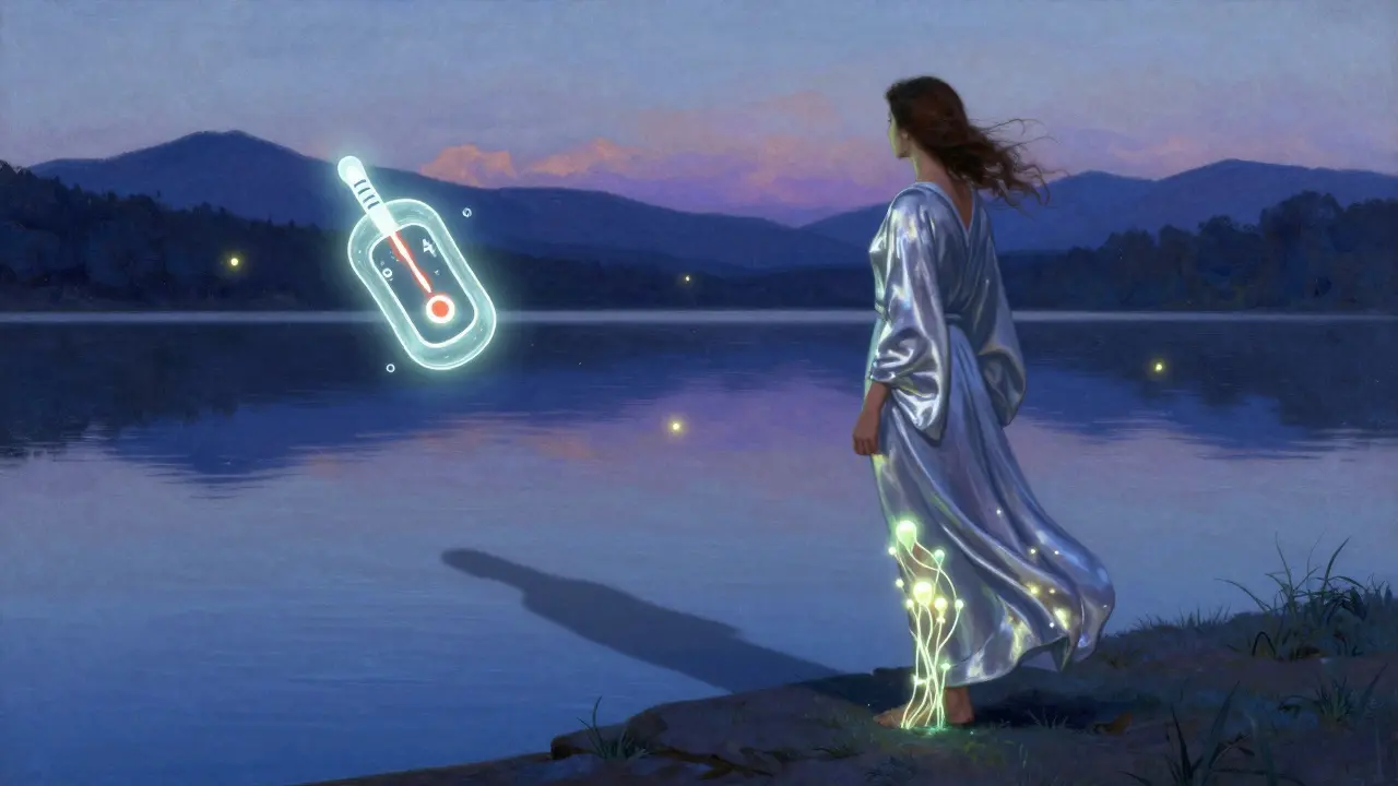 A woman by a lake surrounded by glowing glucose molecules and infection symbols.