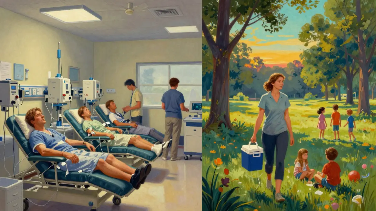 A woman walking in a sunlit park with dialysis supplies while others enjoy the morning, contrasting clinic scenes.