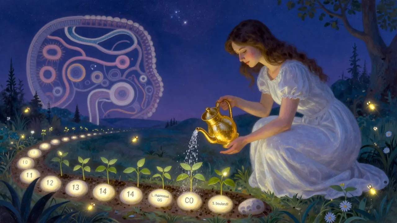 A woman waters probiotic seedlings in a mystical garden, with 14 glowing stones marking recovery days.