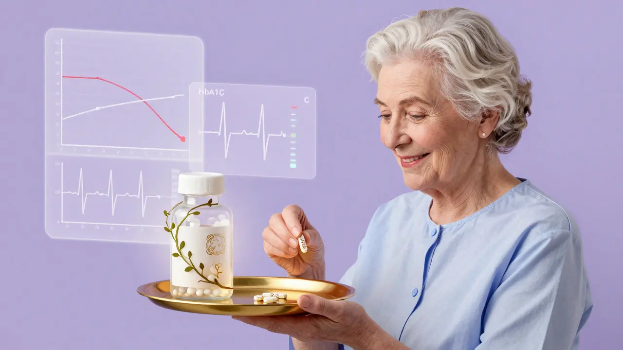 An elderly person taking a single pill surrounded by floating health indicators in soft twilight colors.