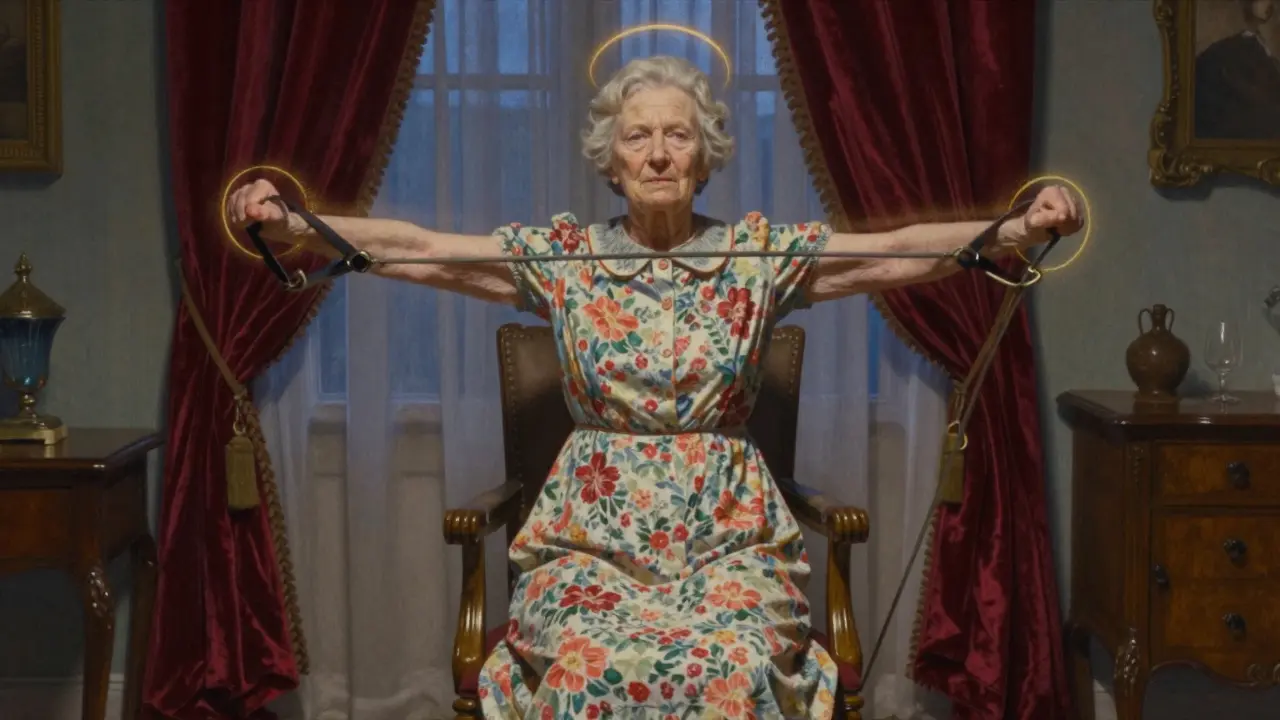 An elderly woman using resistance bands for seated rows, bathed in soft golden light.