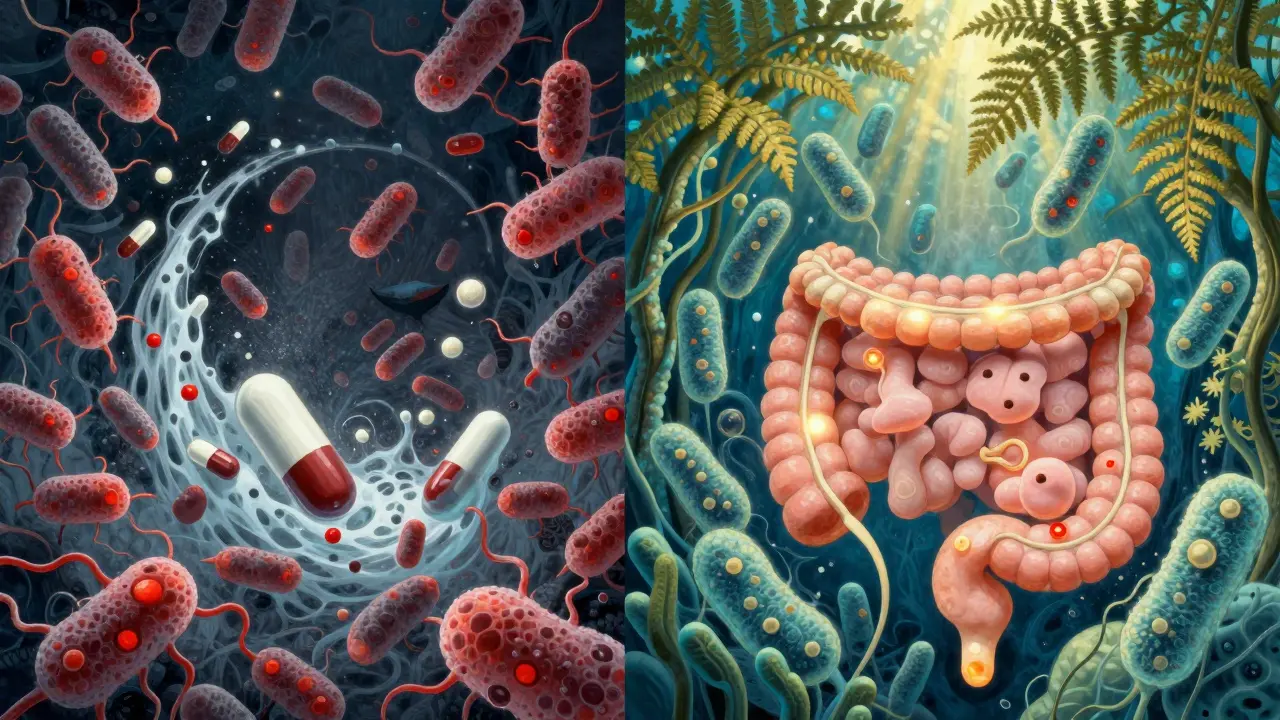 Contrasting gut scenes: chaotic antibiotic damage versus thriving probiotic colonies in a luminous landscape.