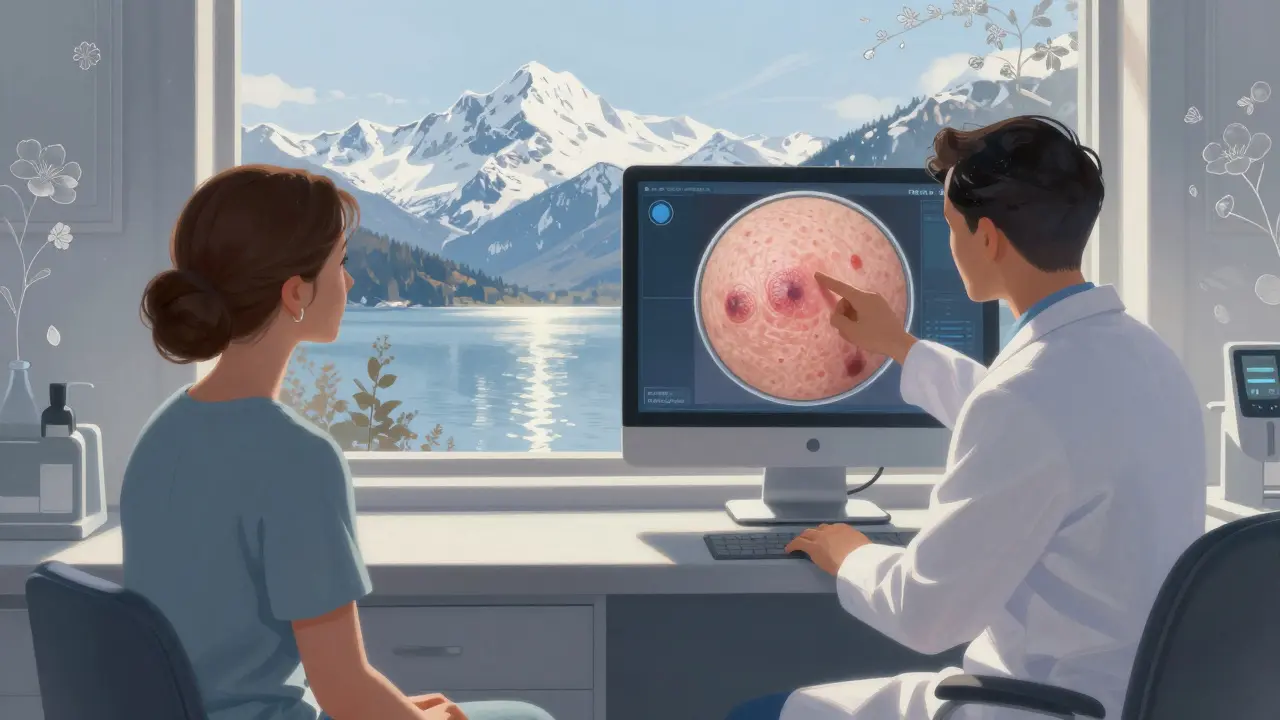 Dermatologist and patient reviewing a mole image in a sunlit clinic with natural landscape through the window.
