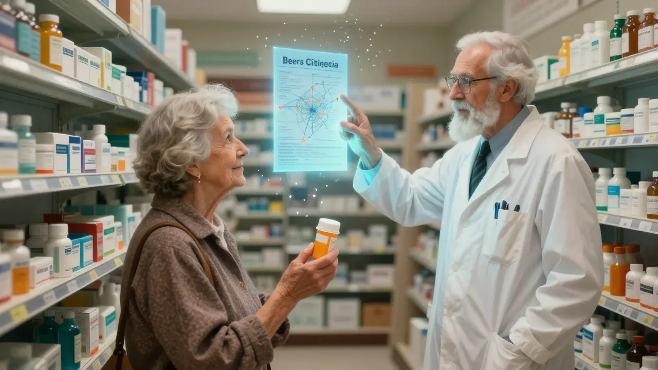 Elderly woman in a glowing pharmacy aisle with a floating Beers Criteria chart and pharmacist.
