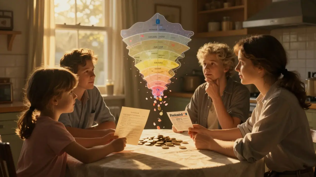 Family celebrating lowered drug costs at kitchen table with golden light and floating tier map dissolving into petals.