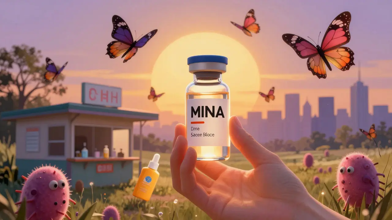 Glowing vaccine vial and sunscreen beside moles turning into butterflies, rising toward a sun.