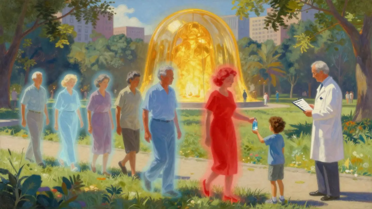 Older adults in park with colored auras indicating heat risk, doctor nearby with safety plan.