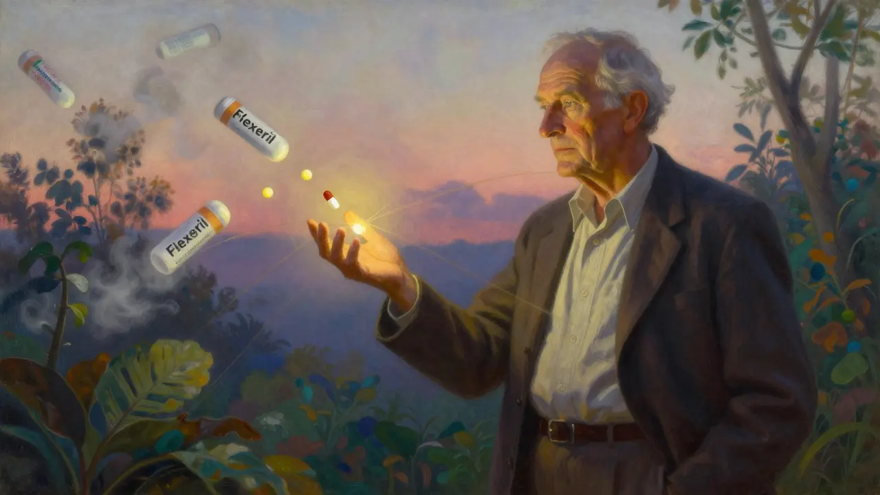 Older man standing balanced as risky pills dissolve into mist, holding a safe alternative pill.