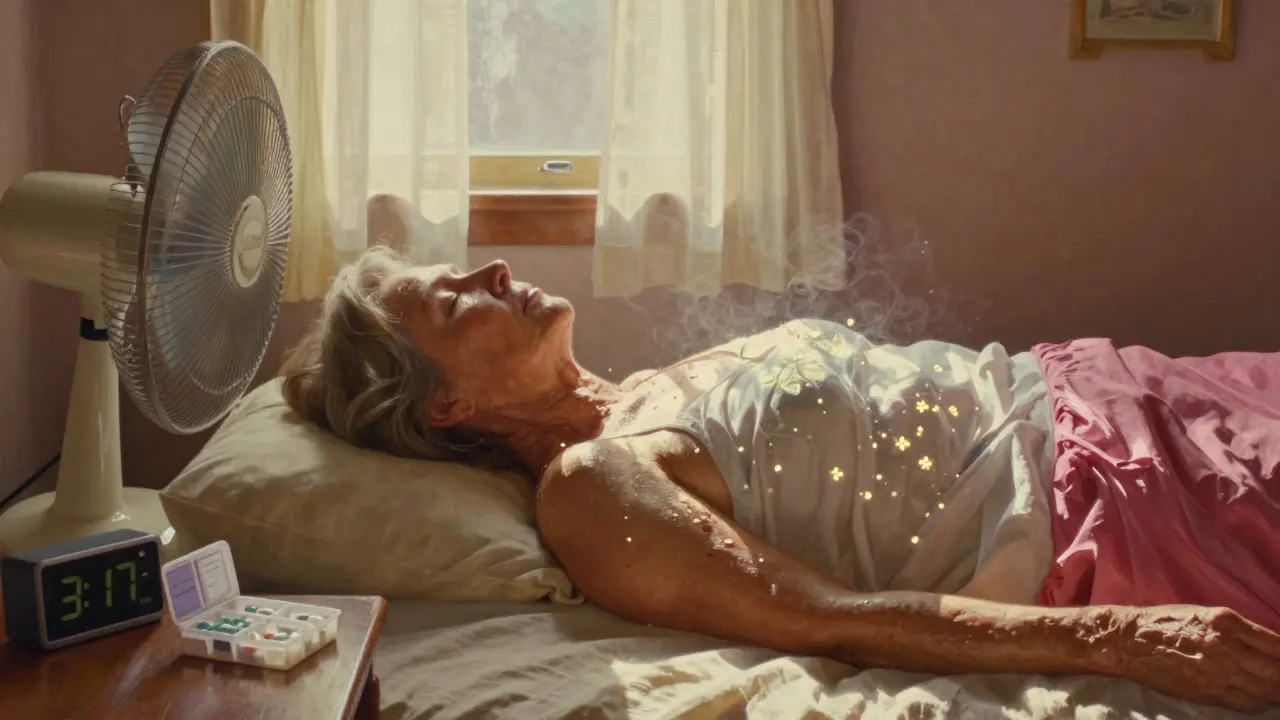 Older woman on bed with dry skin and anticholinergic pills nearby in sunny room.