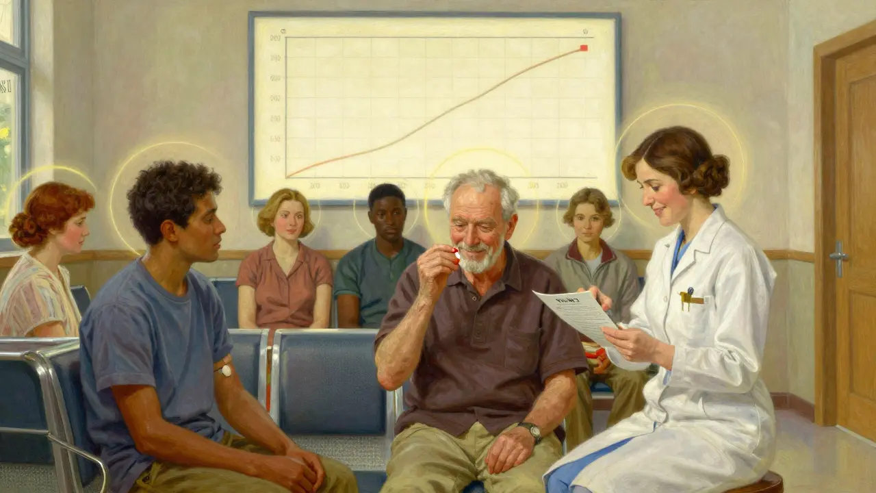 Patients in a sunlit clinic, one taking vitamin K, with a steady INR graph glowing on the wall.