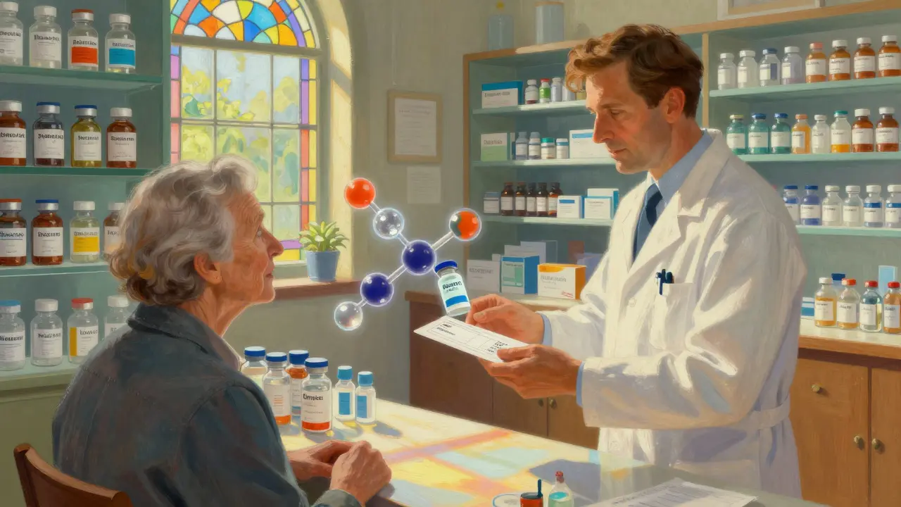 Pharmacist handing a prescription to a patient with biosimilar vials glowing under stained-glass sunlight.