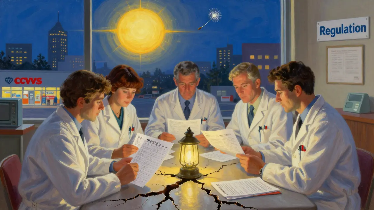 Pharmacists gather around a table with financial papers as cracks form below them, while big pharmacy chains loom in the distance.