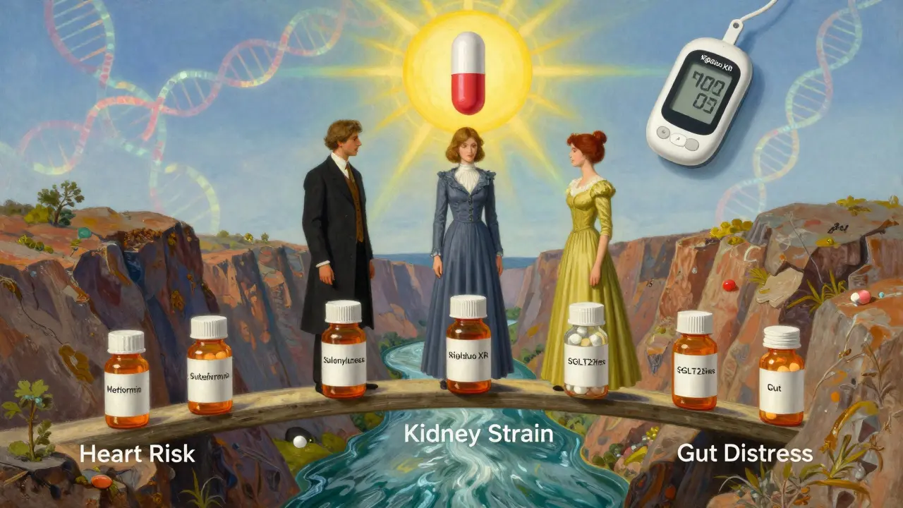 Three figures on a pill bridge over a river of blood sugar, with rising sun and medical devices.