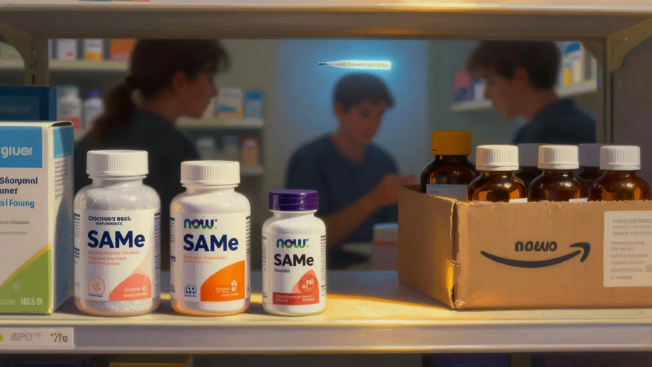 Trusted SAMe brands on a sunlit shelf contrast with shadowy unbranded bottles, while a glowing fever thermometer looms in the background.