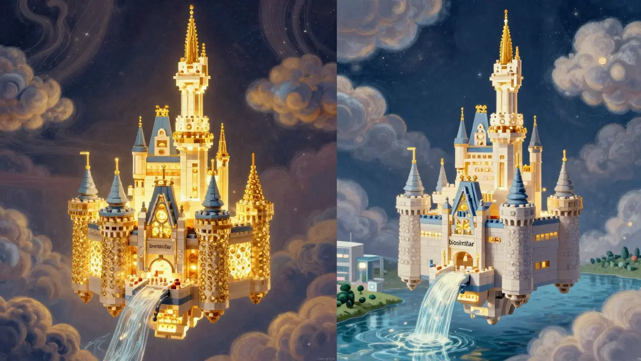 Two glowing protein castles side by side, one labeled biologic, the other biosimilar, floating above a light river.