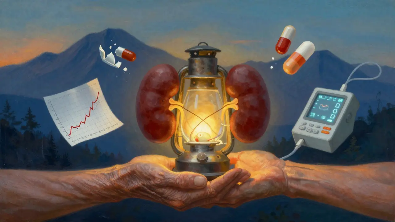 Two hands cradle a glowing kidney lantern as symbols of kidney damage fade away, with distant healthy mountains in the background.