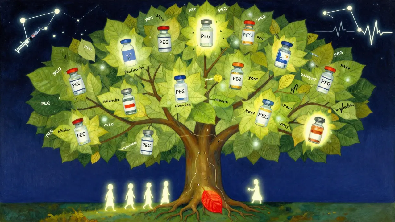 A luminous tree of vaccines with rare allergic reaction marked in red, surrounded by protective light and celestial symbols.