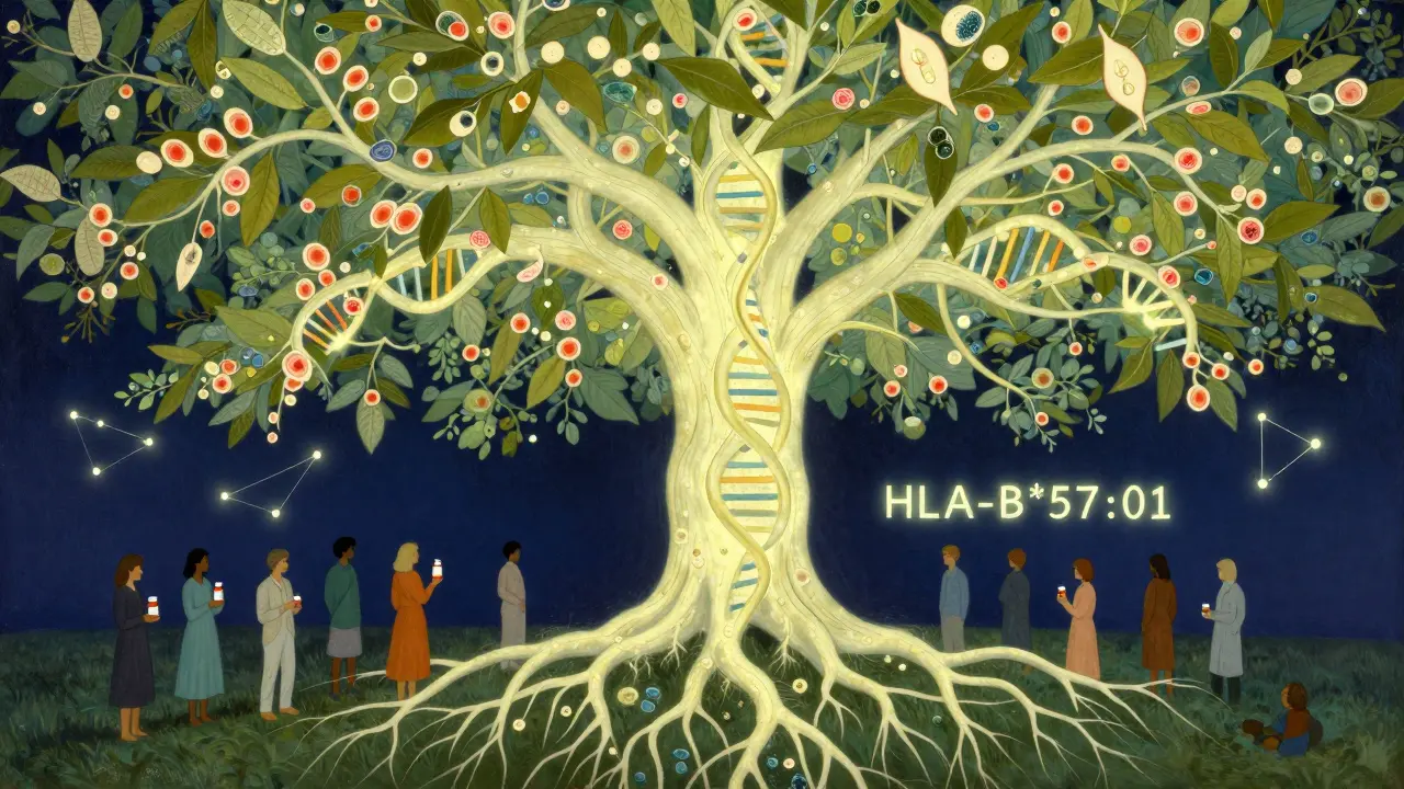 A luminous tree with DNA roots and peeling skin leaves, under a night sky marked by glowing genetic code.