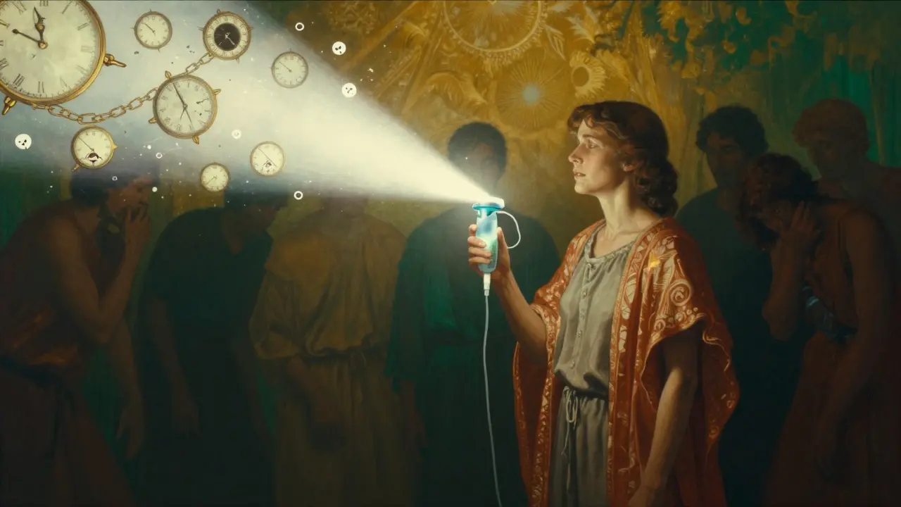 A patient holding an oxygen device as chains of pain dissolve into light, symbolizing relief and hope.