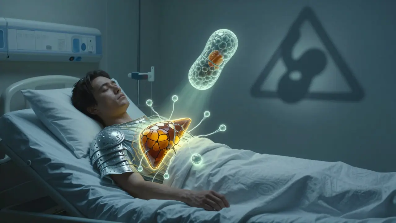 A patient in a twilight hospital room as glowing immune cells surround a fractured, luminous liver.