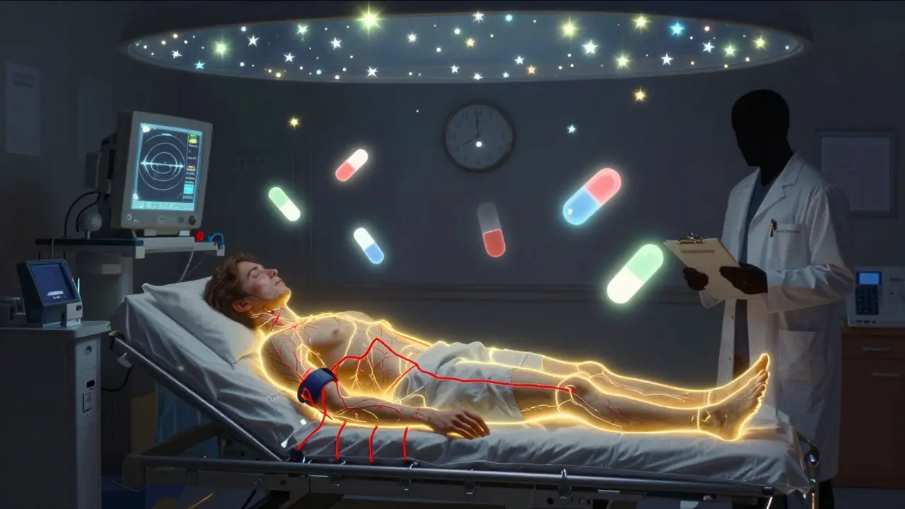 A patient on a hospital gurney with glowing monitors and a clock showing 14 days, surrounded by safe medication icons in soft, radiant light.