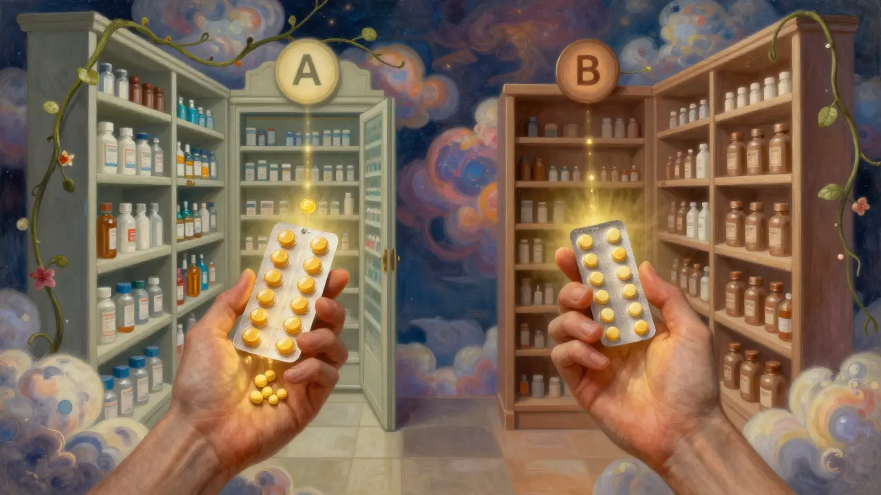 A patient receiving a prescription with two paths of pills—A-rated in gold and B-rated in bronze—framed by vines and clouds.