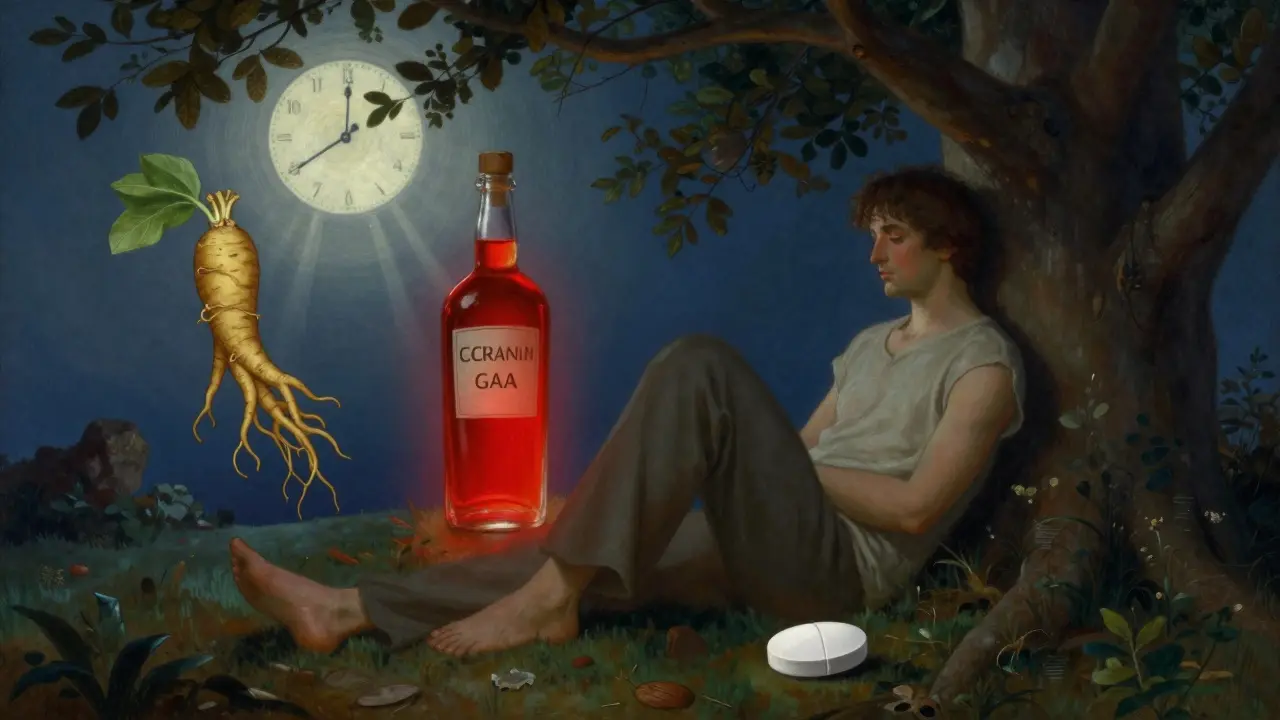 A person at peace with dangerous supplements glowing nearby, while a GABA pill lies harmless on the ground.