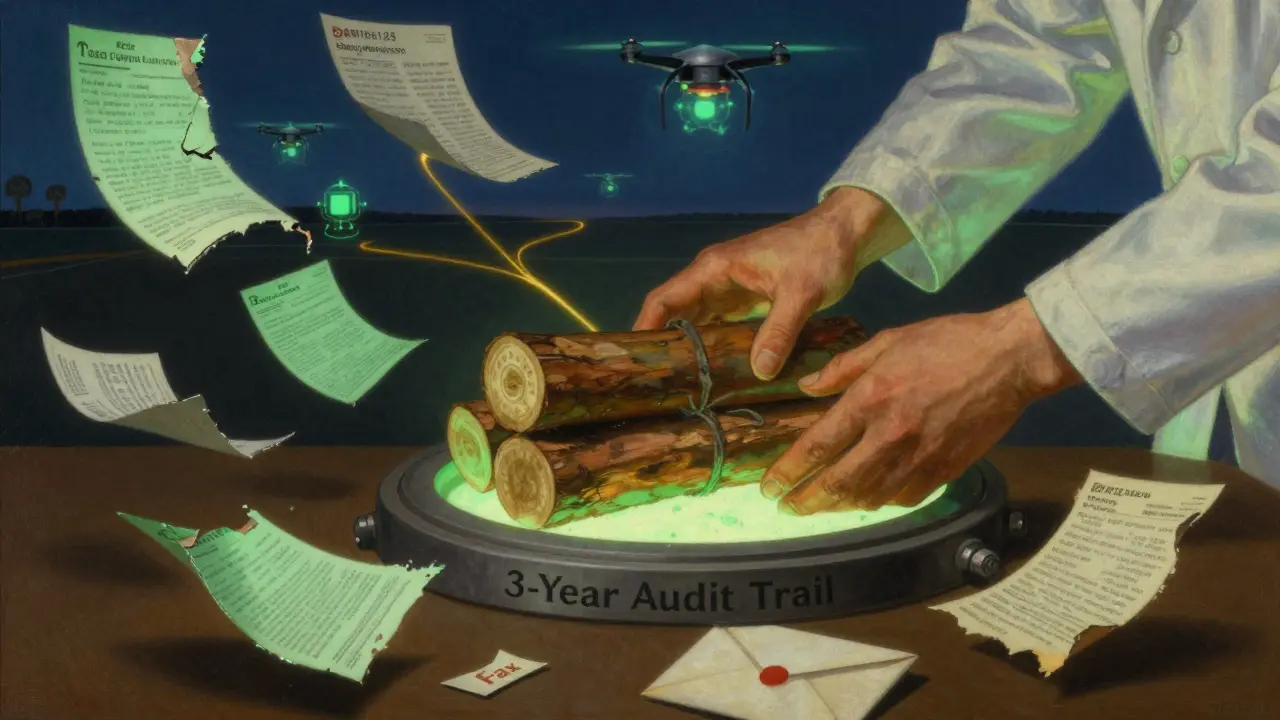 A pharmacist's hands place recall logs into a glowing vault, with fading notices and futuristic automation symbols in the background.
