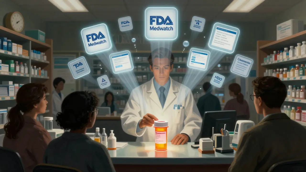 A pharmacist at a counter is surrounded by floating recall alert icons, illuminating a prescription bottle with a red warning seal.