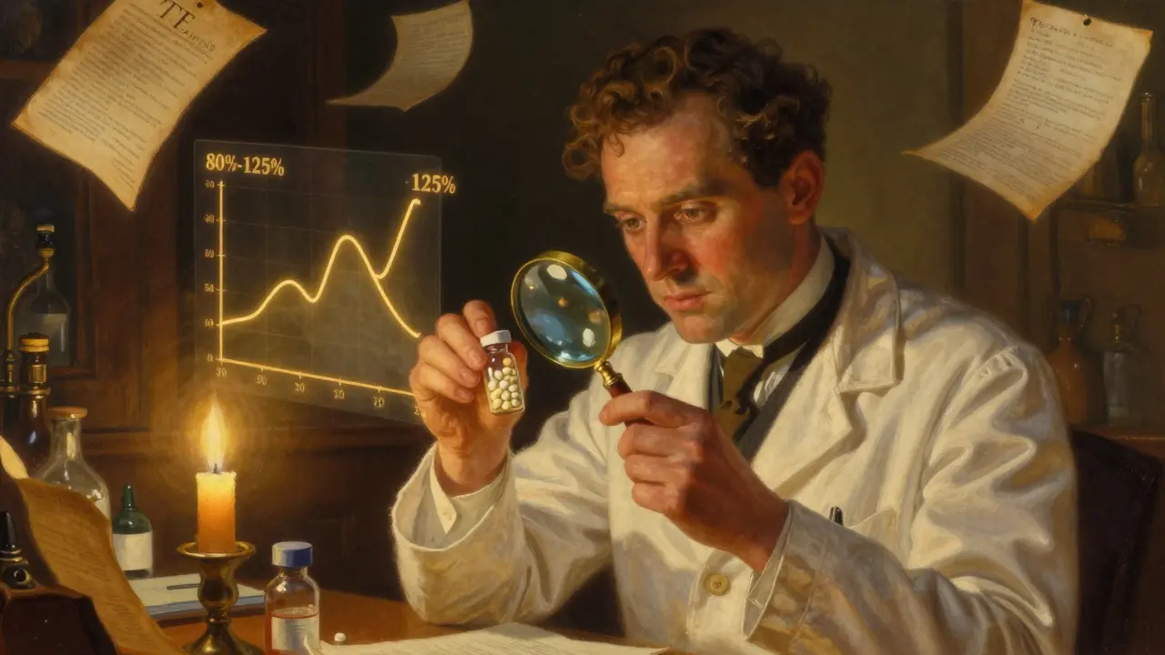 A pharmacist examining pills under a magnifying glass with floating bioequivalence curves in a warm, painterly scene.