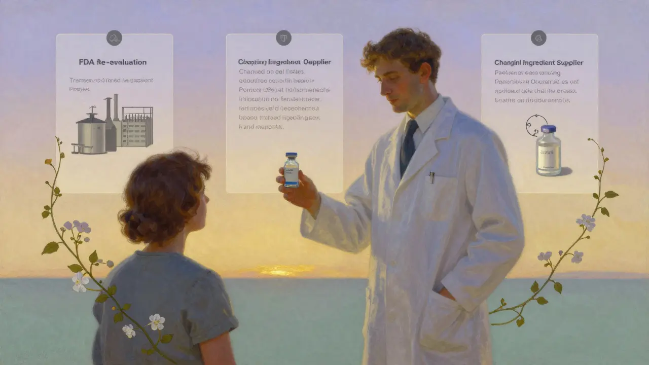 A pharmacist giving medication to a patient, surrounded by floating icons of manufacturing changes.