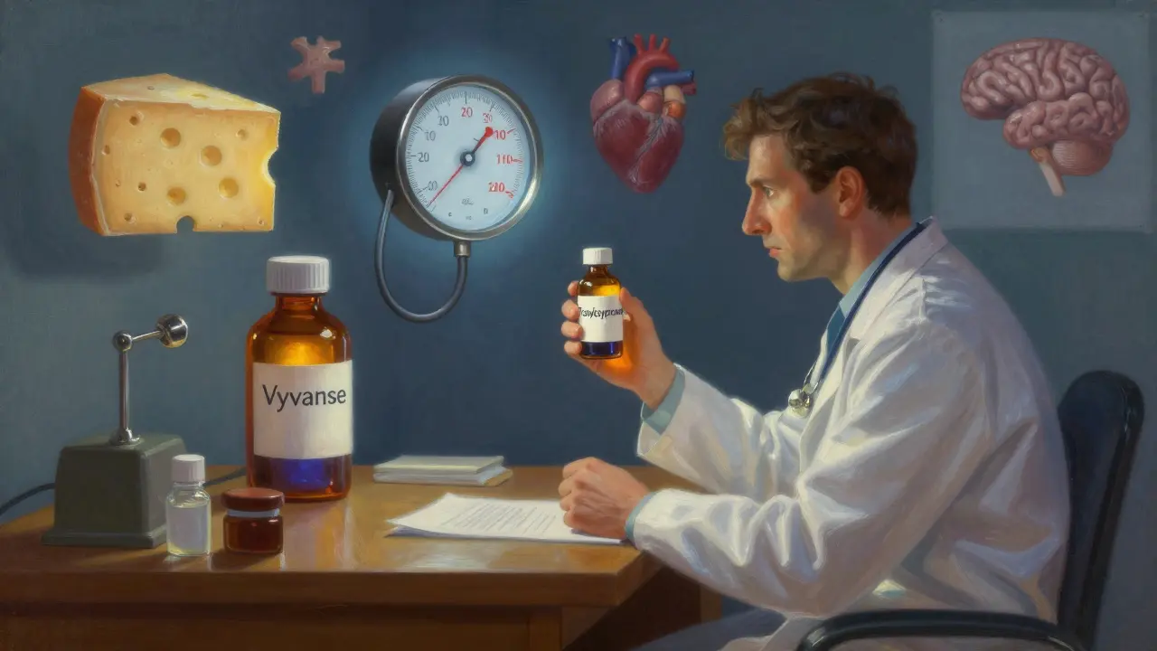 A psychiatrist holding two glowing vials as a blood pressure gauge hovers at dangerous levels, rendered in luminous, dreamlike painterly style.