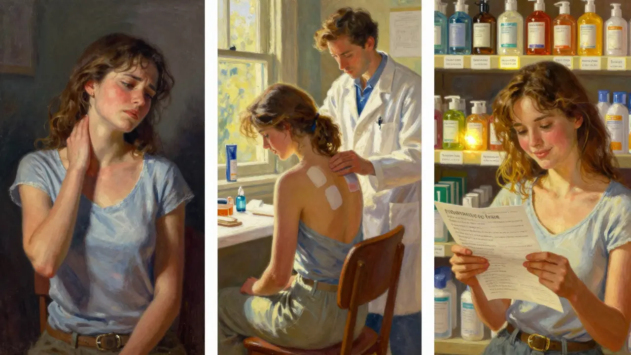 A three-part illustrated scene showing frustration, patch testing, and relief as a woman discovers her skin allergy triggers.