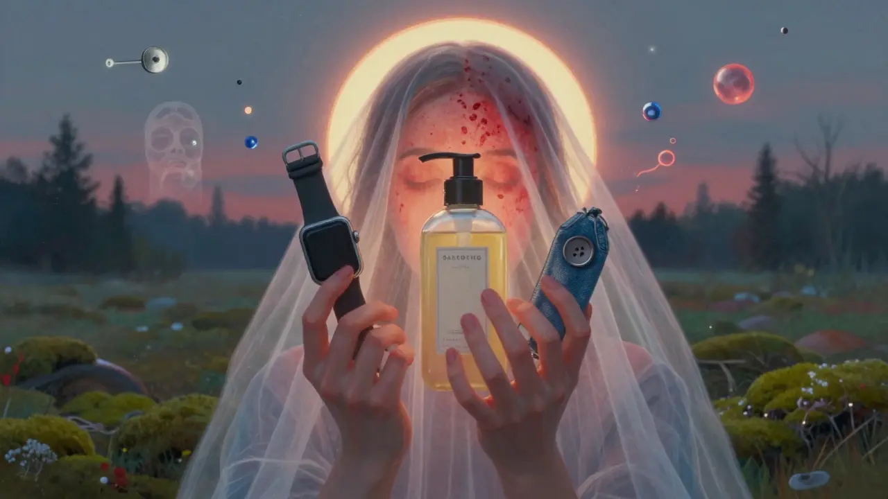 A woman's hands hold everyday items while a halo of allergic reaction glows around her, surrounded by floating metal and fragrance molecules.