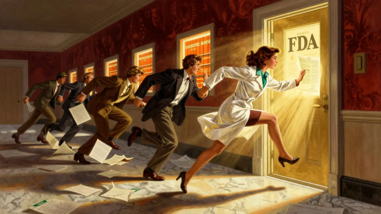 Five figures racing toward an FDA door, the first holding a Paragraph IV certification, with glowing Orange Book volumes and tangled patent documents behind them.