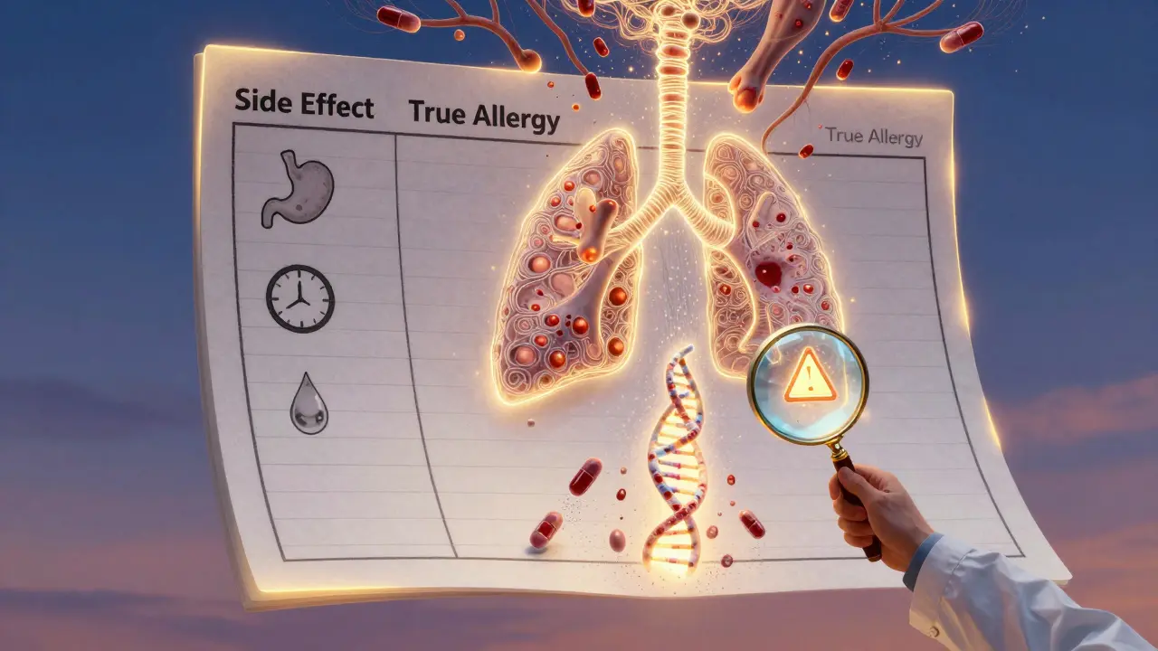 Floating medical chart showing side effects and life-threatening allergy symptoms in luminous, detailed illustration.