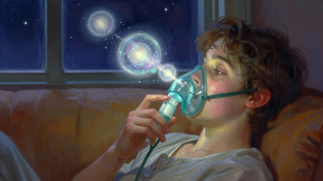 Person breathing oxygen through a mask, radiant light particles floating around them in a calm, starlit room.