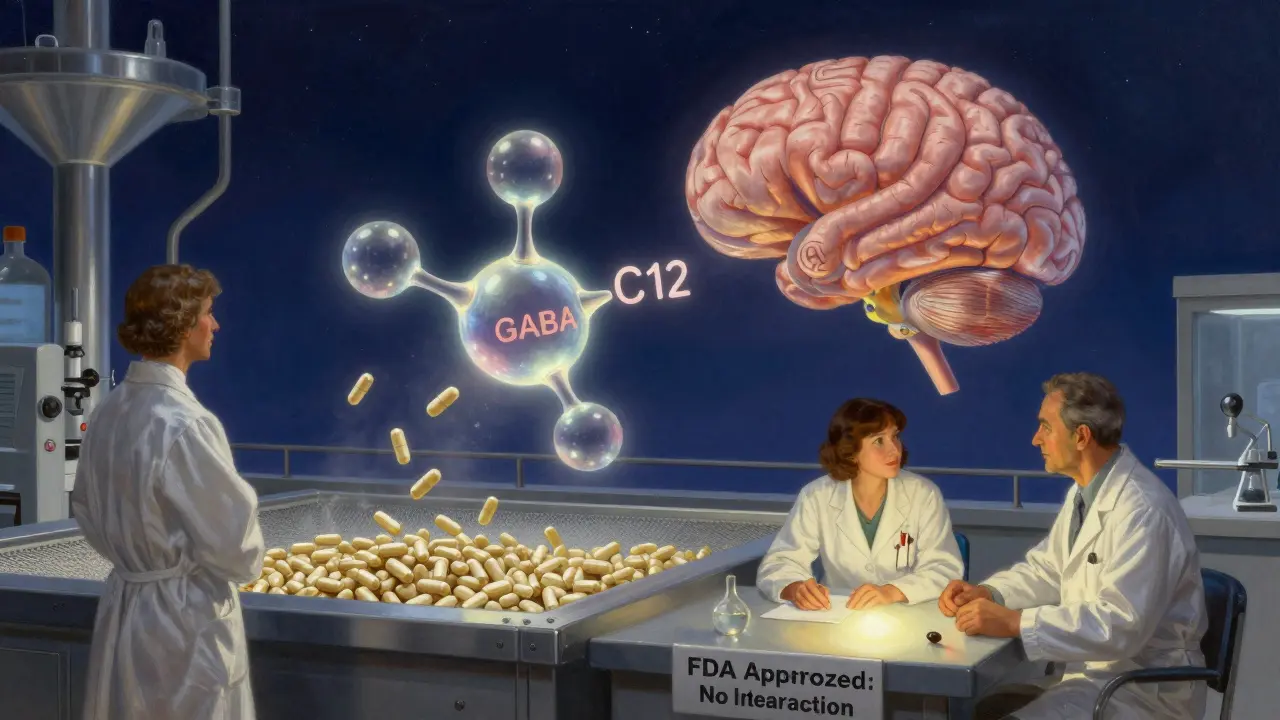 Scientists observing a new GABA molecule entering the brain, while ordinary supplements fall away, under a starry sky.