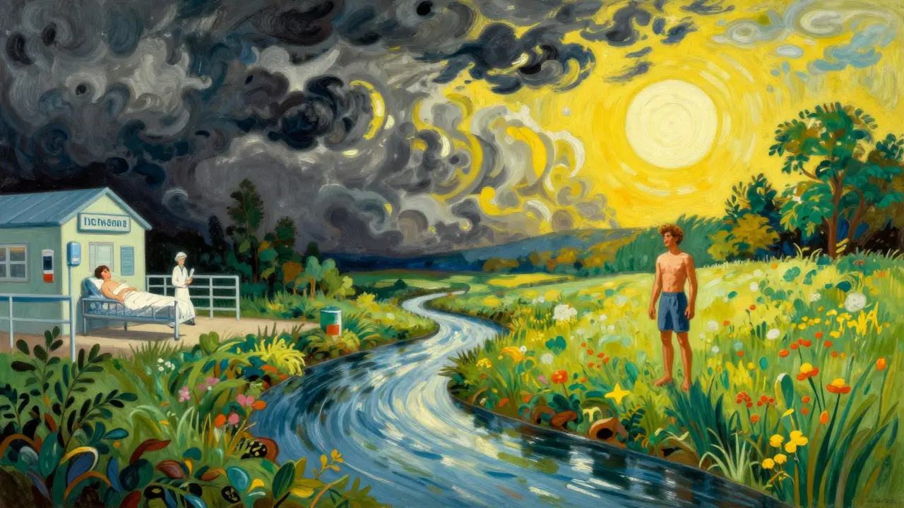 Split landscape: stormy hospital left, sunlit meadow right with river dividing scenarios