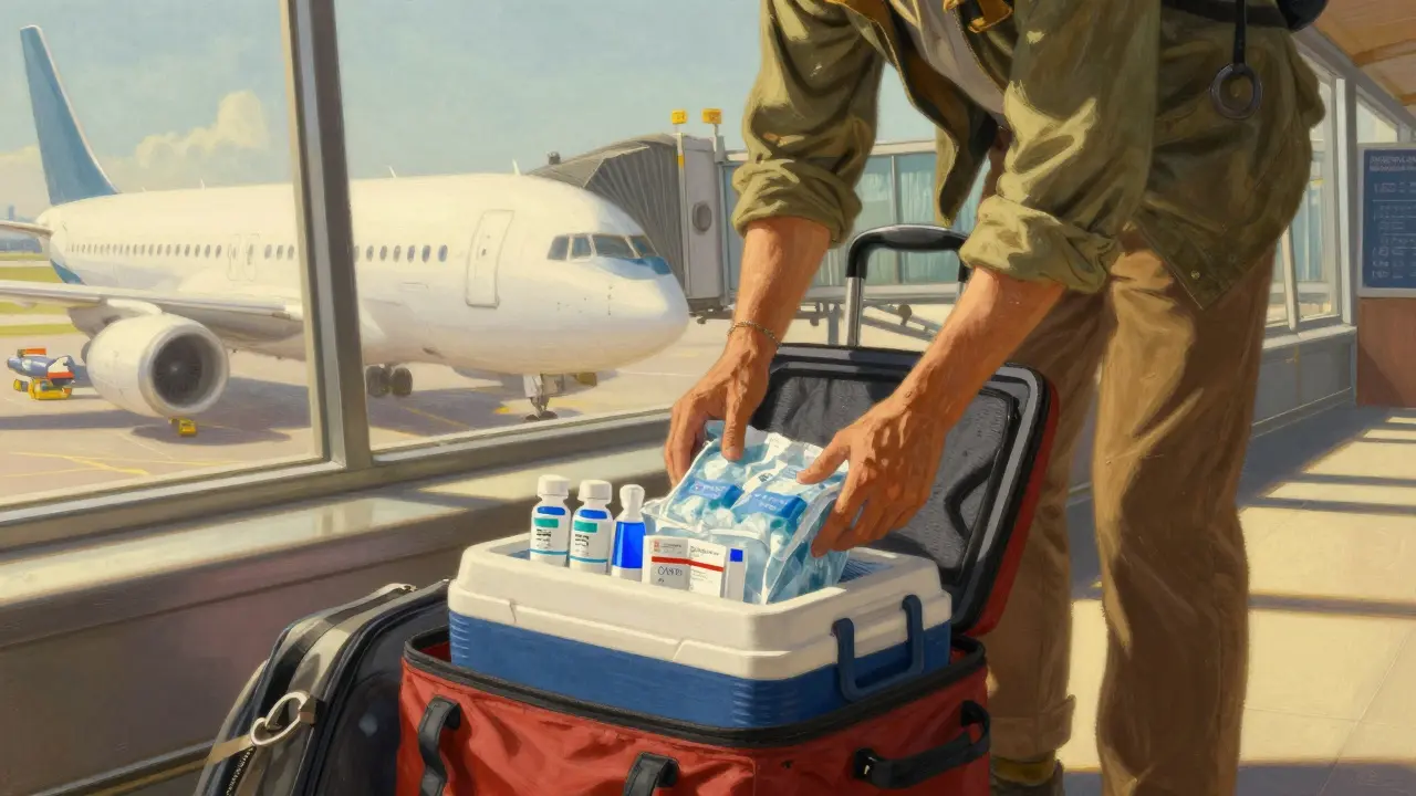 Traveler placing cooler with insulin and ice packs into carry-on at airport gate