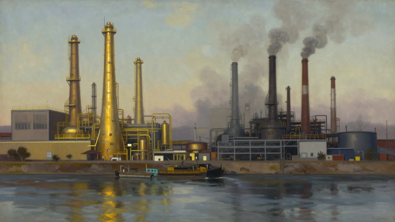 Two factories side by side: U.S. golden light, Indian hazy smokestacks with river contrast