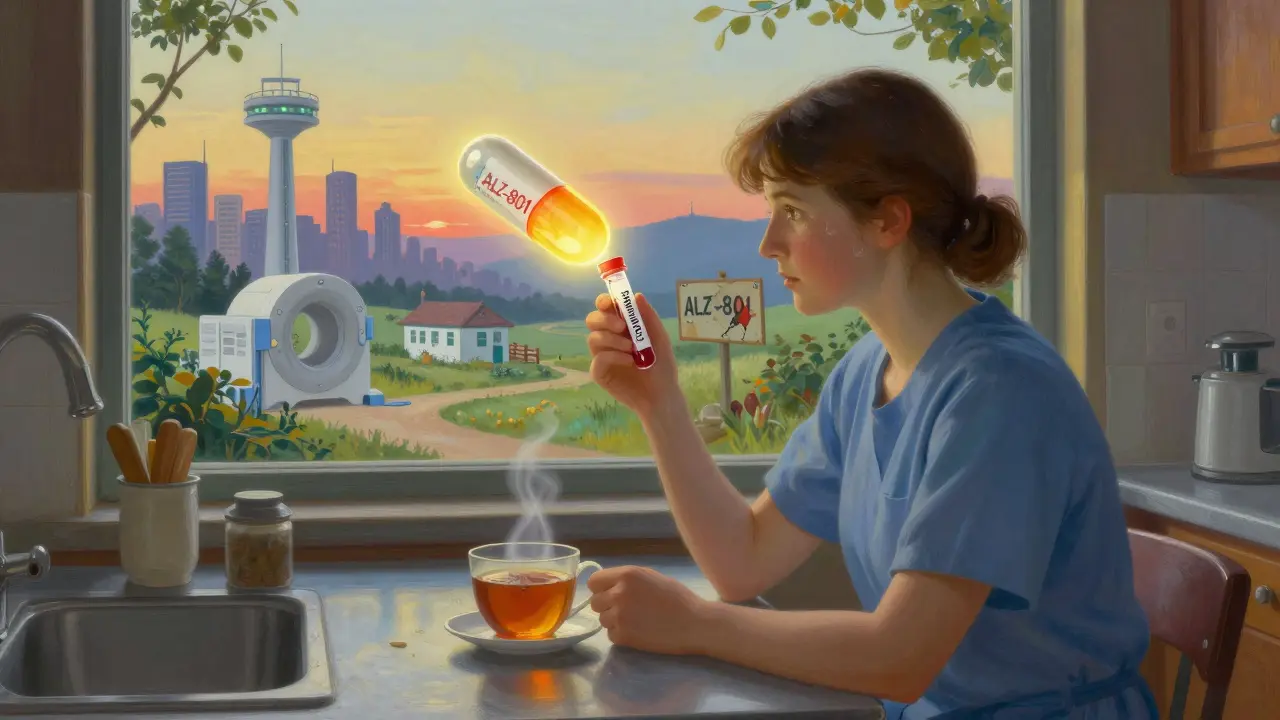 A caregiver at dawn holding a blood test, with surreal medical imagery visible through the window.