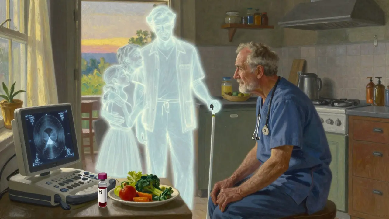 A caregiver beside an elderly man, with a ghostly younger version of him behind them, symbolizing memory loss and hope.