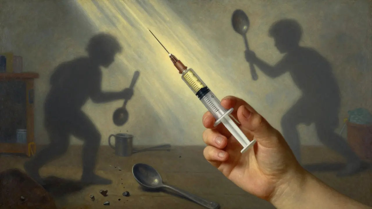 A child holds a small dosing syringe as kitchen spoons dissolve into dust, symbolizing precise medication delivery.