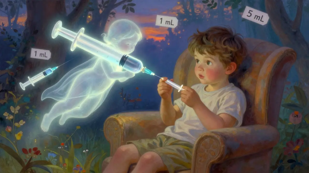 A child receives medicine from a soft-tip syringe while a glowing syringe-shaped spirit watches over them.