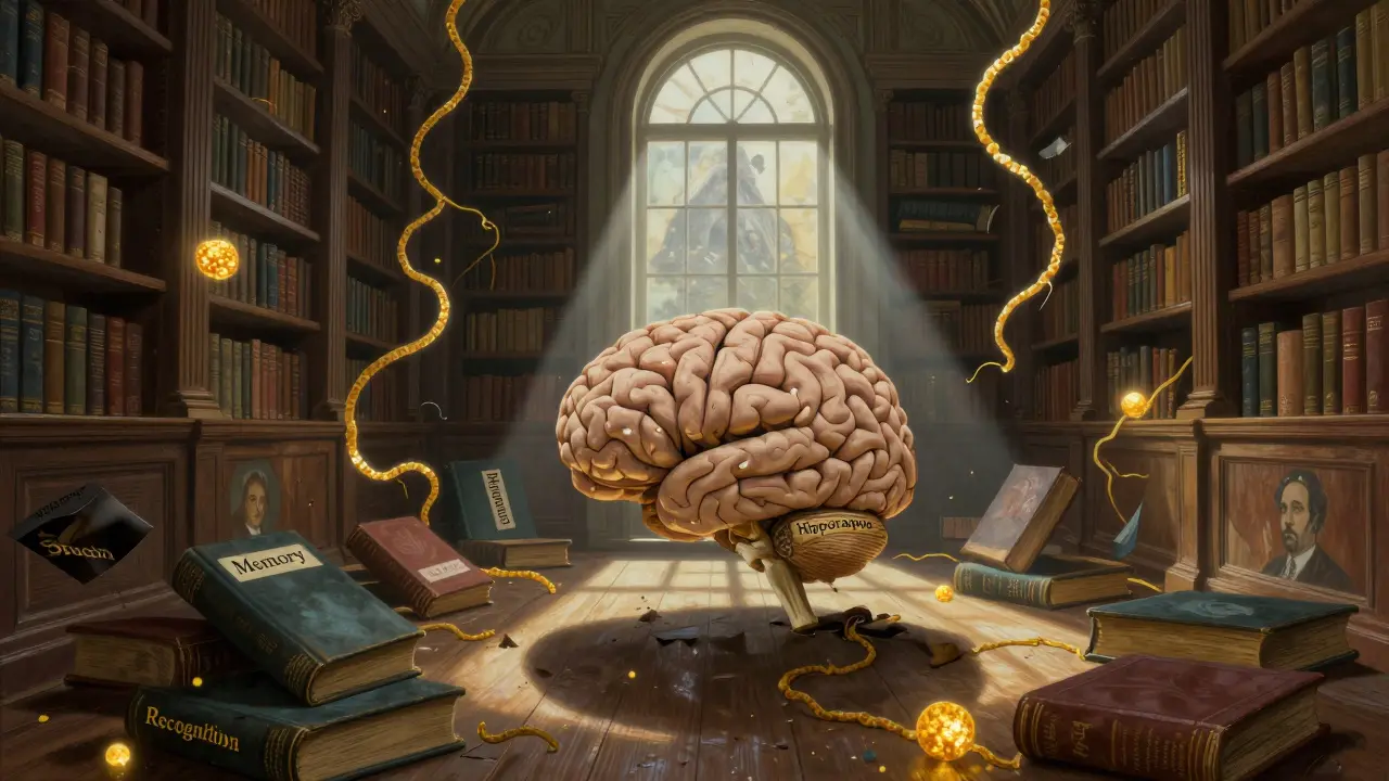 A crumbling classical library inside a brain, with glowing plaques and tau tangles twisting through fading bookshelves.